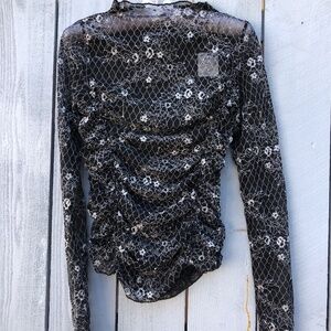 Free People medium floral sheer mock neck ruched black top new with tags